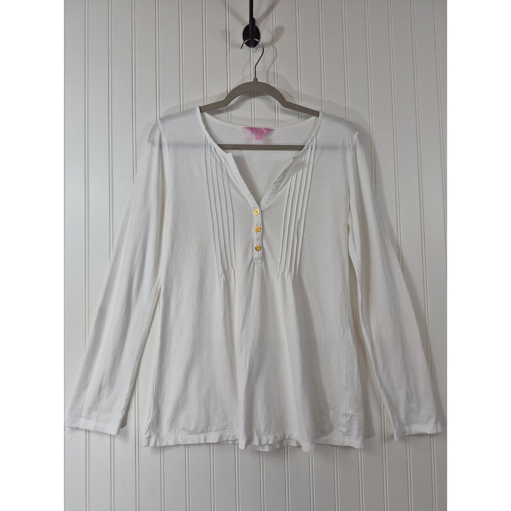 Lilly Pulitzer White 100% Pima Cotton Pintuck Henley Long Sleeve Top Small